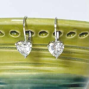 Vtg Sterling Silver 925 Cz Heart Cz Lever Back Earrings Simulated Diamond